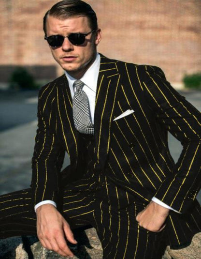 Black And Gold Stripe Suit - Vested Pinstripe Suit - Men's Tuxedo USA