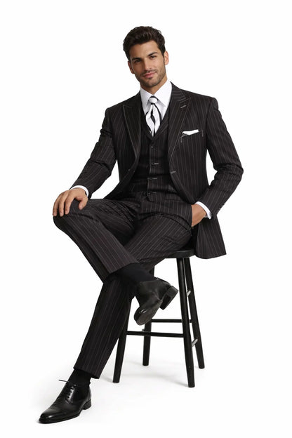 Men’s Vintage Vested Gangster Pinstripe Suit – Black & White 3-Piece Classic Fit