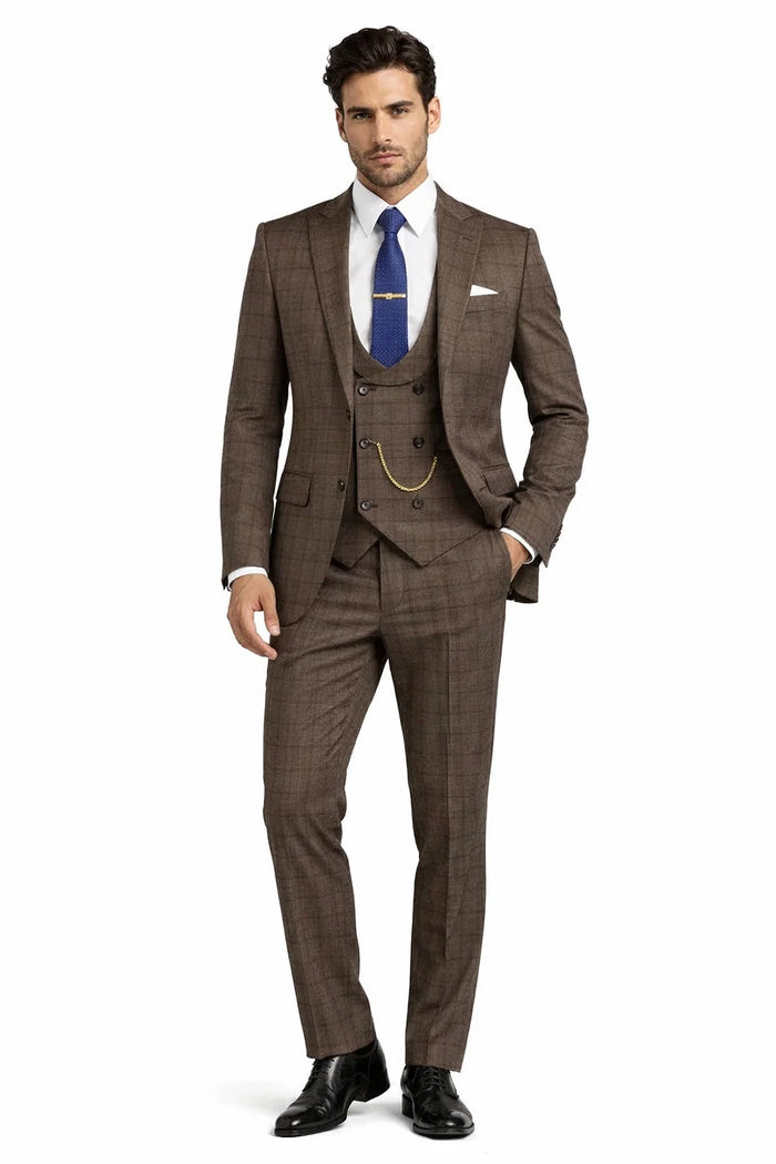 Men’s Brown 3-Piece Slim Fit Suit – 2 Button Peak Lapel Jacket with Double Breasted Vest & Flat Front Pants
