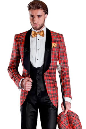 Mens Holiday Christmas Regular One Button Fit in Red Tartan Plaid Suit  Black Vest  Black Pants Included
