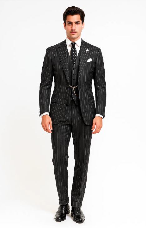 Mens 2 button Gangster Pinstripe Suit in Black & White