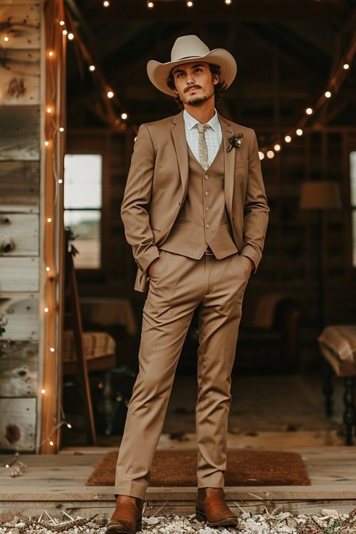 Cowboy Style Suit for Men Rustic Light Brown Taupe Mocca Western Elegance - Traje Para Hombre