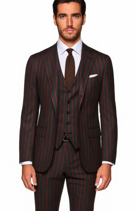 Mens 2 button Gangster Pinstripe Suit in Black & Red