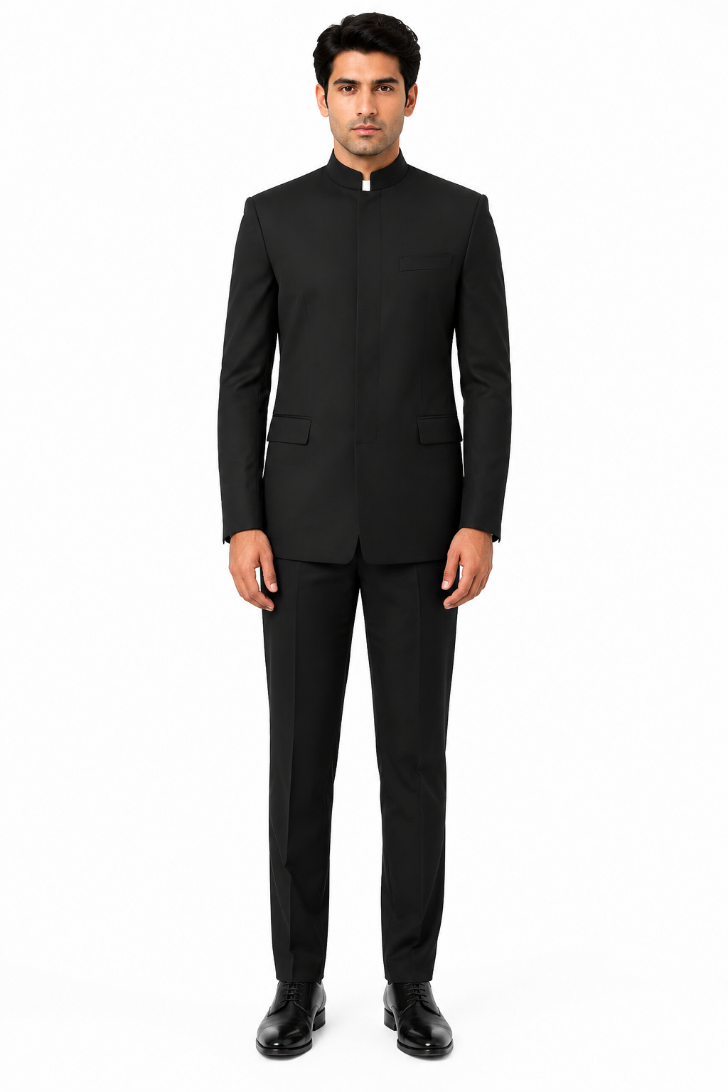 Apollo King "Black Mandarin Banded Collar Suit for Men - French Front Style"