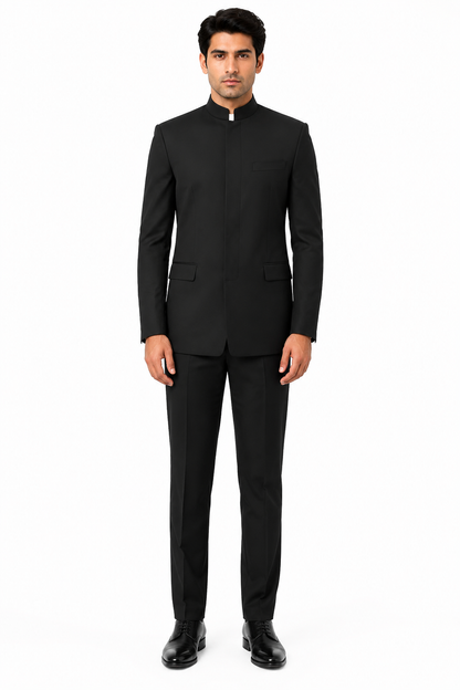 Apollo King "Black Mandarin Banded Collar Suit for Men - French Front Style"