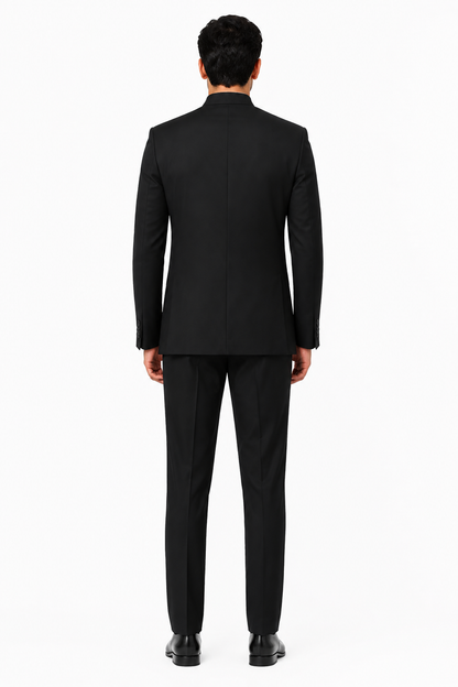 Apollo King "Black Mandarin Banded Collar Suit for Men - French Front Style"
