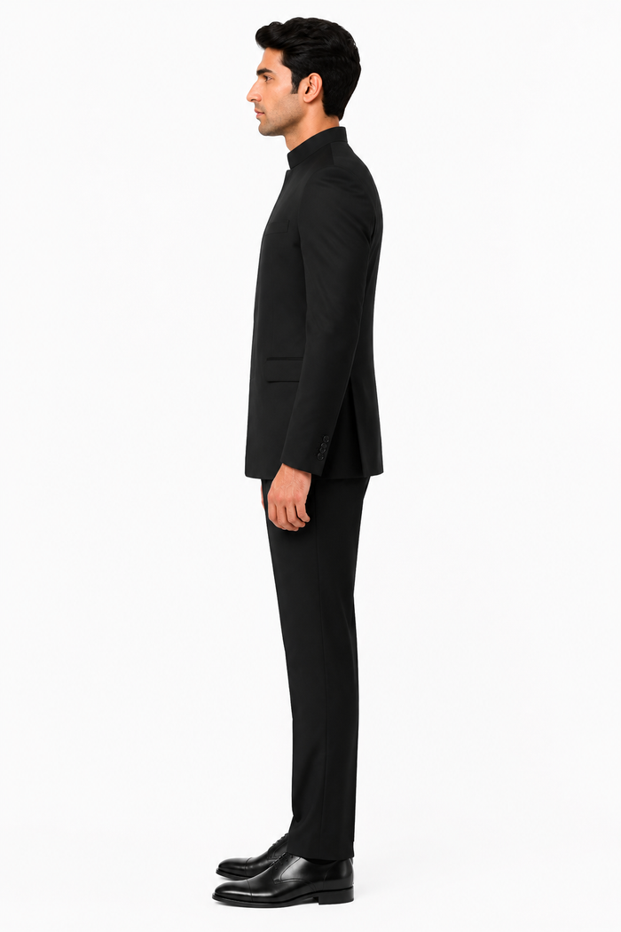 Apollo King "Black Mandarin Banded Collar Suit for Men - French Front Style"