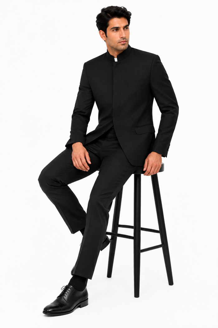 Apollo King "Black Mandarin Banded Collar Suit for Men - French Front Style"