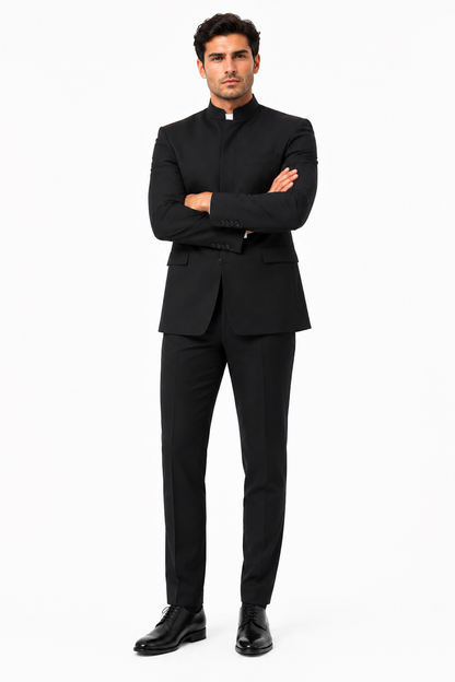 Apollo King "Black Mandarin Banded Collar Suit for Men - French Front Style"