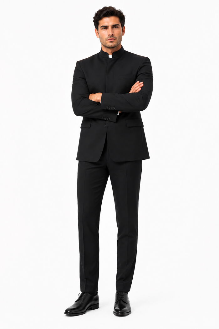 Apollo King "Black Mandarin Banded Collar Suit for Men - French Front Style"