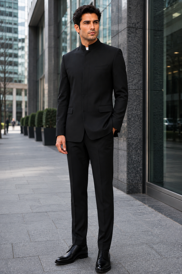 Apollo King "Black Mandarin Banded Collar Suit for Men - French Front Style"