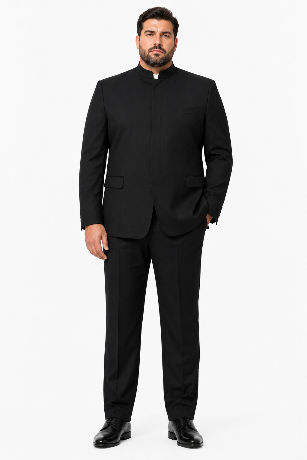 Apollo King "Black Mandarin Banded Collar Suit for Men - French Front Style"