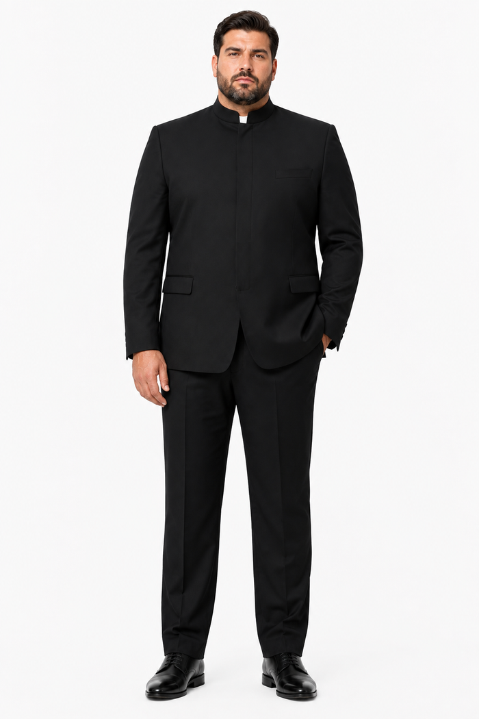 Apollo King "Black Mandarin Banded Collar Suit for Men - French Front Style"