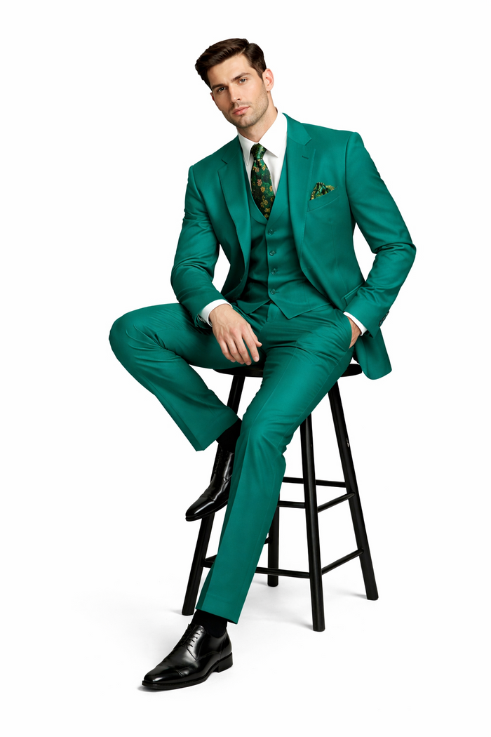 In Aguasta Green - Emerald Color Zacchi Men's 3 Piece Poplin Suit  Spring Colors & Award Winning Design