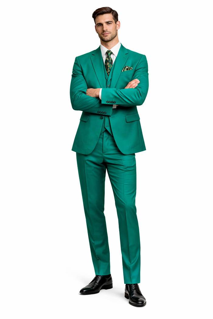 In Aguasta Green - Emerald Color Zacchi Men's 3 Piece Poplin Suit  Spring Colors & Award Winning Design