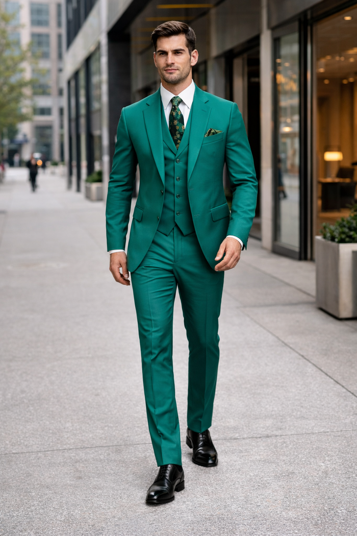 In Aguasta Green - Emerald Color Zacchi Men's 3 Piece Poplin Suit  Spring Colors & Award Winning Design