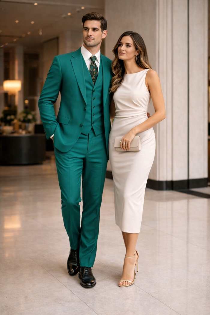 In Aguasta Green - Emerald Color Zacchi Men's 3 Piece Poplin Suit  Spring Colors & Award Winning Design