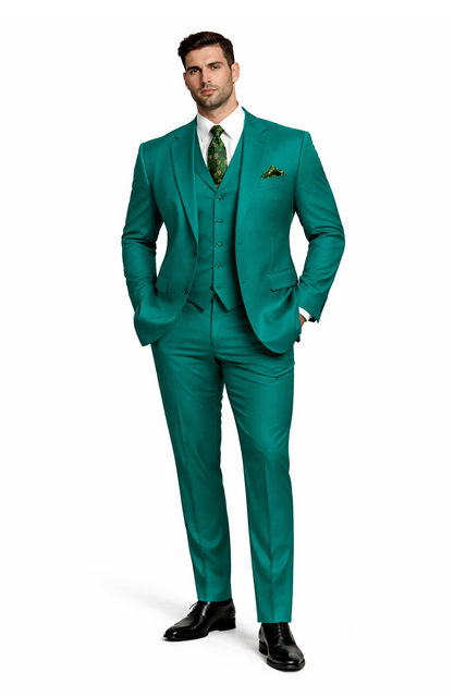 In Aguasta Green - Emerald Color Zacchi Men's 3 Piece Poplin Suit  Spring Colors & Award Winning Design