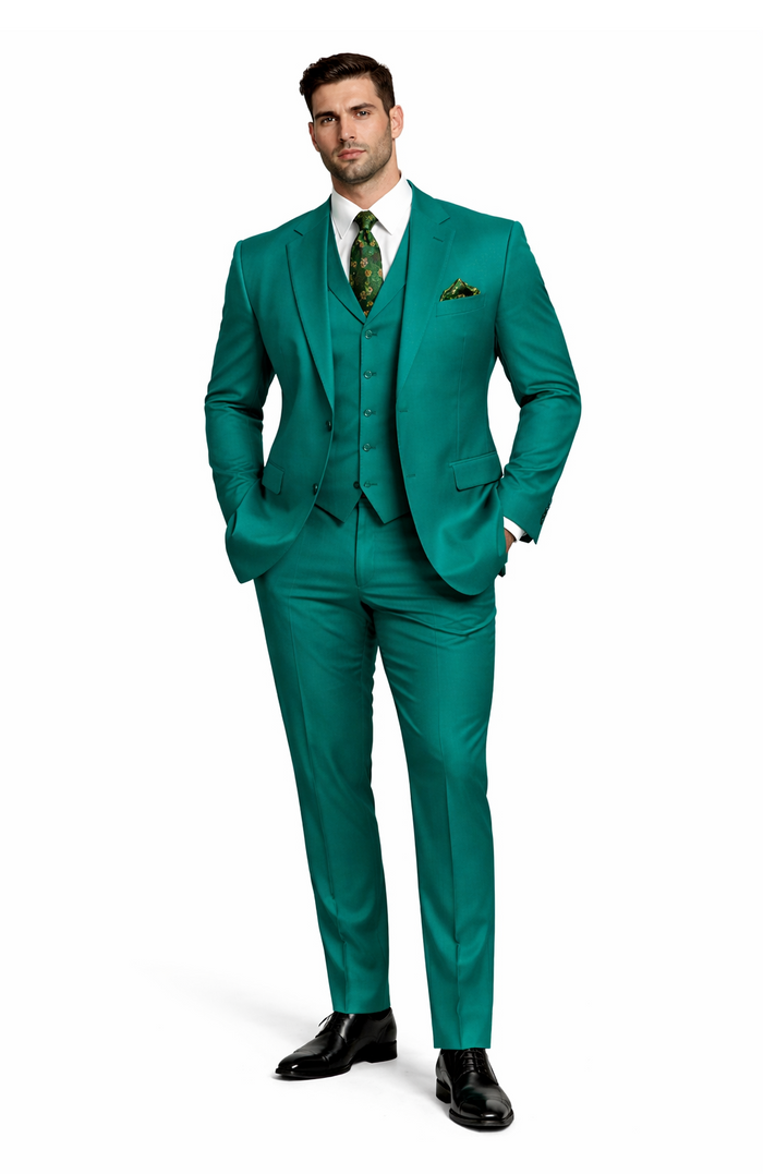 In Aguasta Green - Emerald Color Zacchi Men's 3 Piece Poplin Suit  Spring Colors & Award Winning Design
