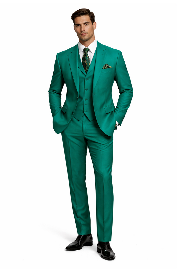 In Aguasta Green - Emerald Color Zacchi Men's 3 Piece Poplin Suit  Spring Colors & Award Winning Design