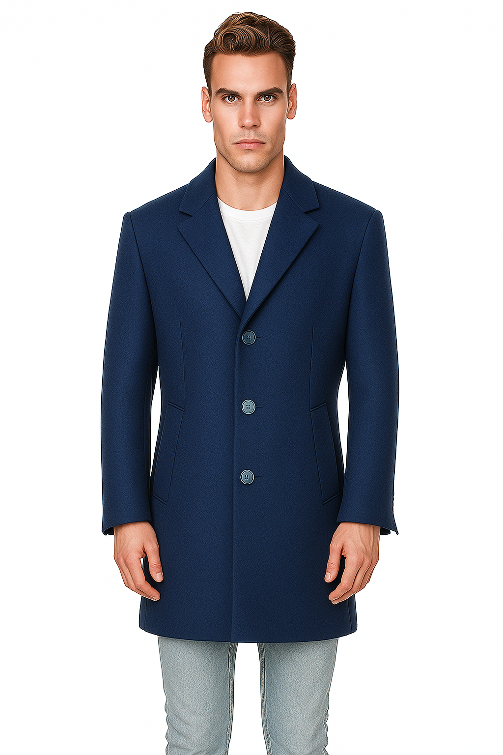 French Saphire Blue Wool and Cashmere Carcoat in Color "Indigo Blue" - Topcoat Three Quarter