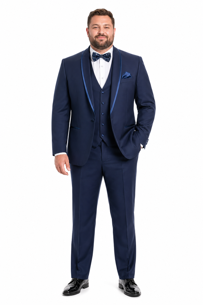 Mens One Button Satin Trim Shawl Tuxedo in Indigo Wool