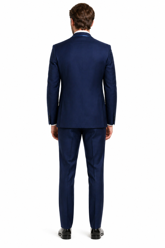 Mens One Button Satin Trim Shawl Tuxedo in Indigo Wool