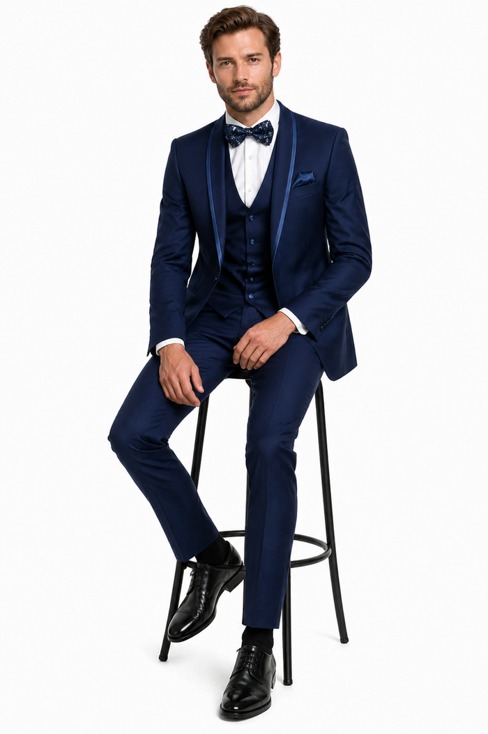Mens One Button Satin Trim Shawl Tuxedo in Indigo Wool
