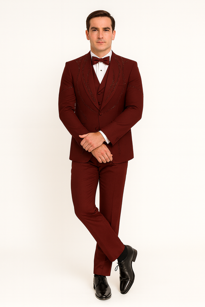 Mens Burgundy Italian Wool 3-Piece Modern Formal Tuxedo