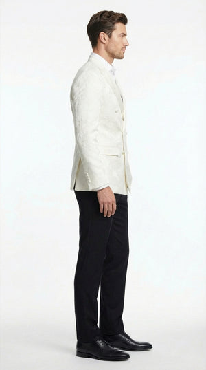 Men’s Ivory Dinner Jacket  Floral Jacquard Blazer – Double Breasted Satin Lapel Formal Tuxedo Jacket for Wedding  Cream Off White color