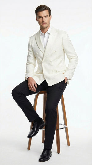 Men’s Ivory Dinner Jacket  Floral Jacquard Blazer – Double Breasted Satin Lapel Formal Tuxedo Jacket for Wedding  Cream Off White color