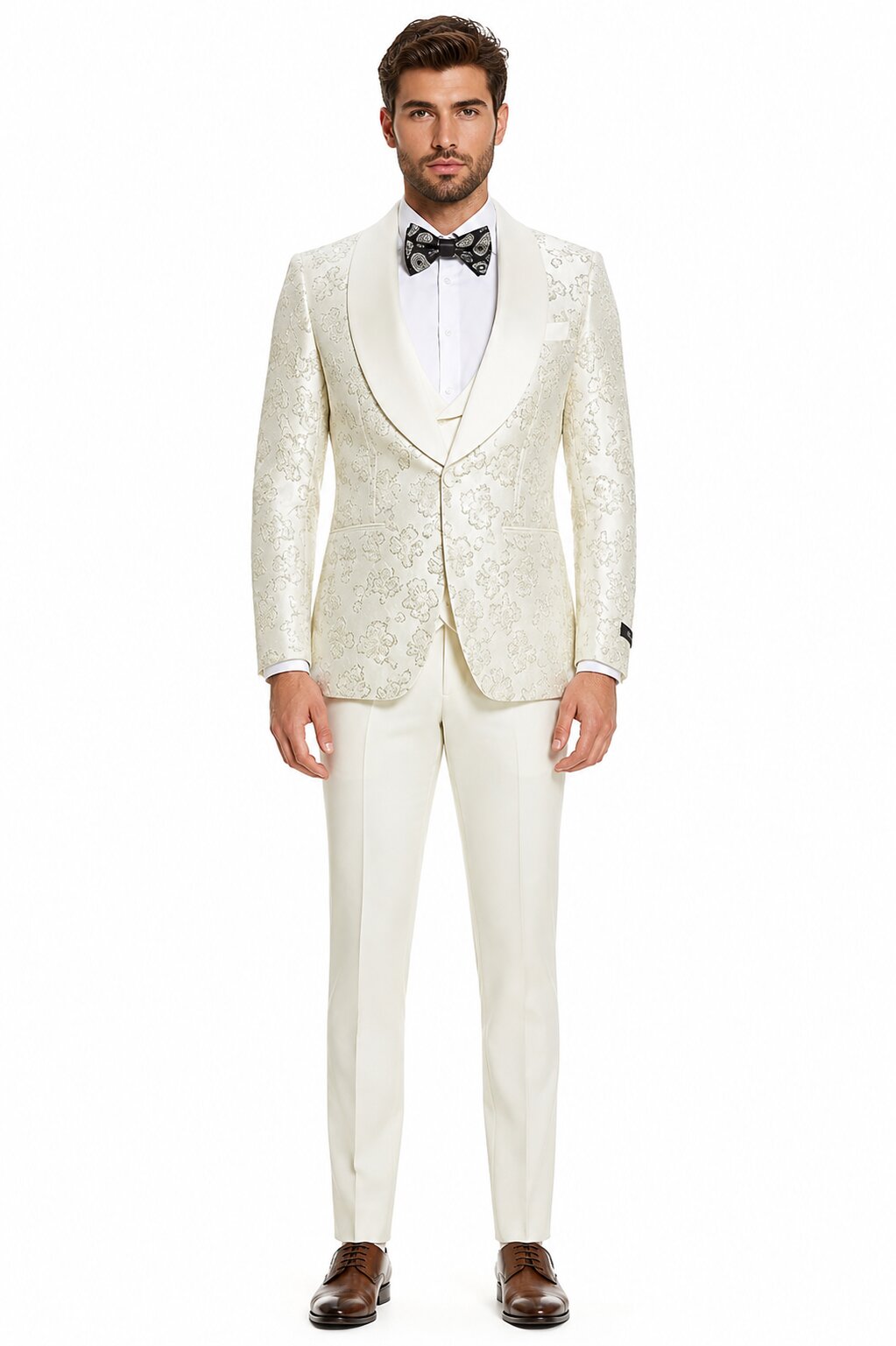 2026 Ivory Shiny Floral Mens 3pc Suit by Tazzio