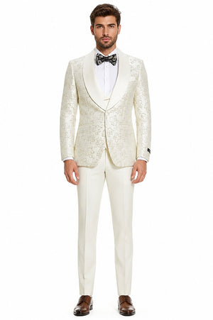 2026 Ivory Shiny Floral Mens 3pc Suit by Tazzio