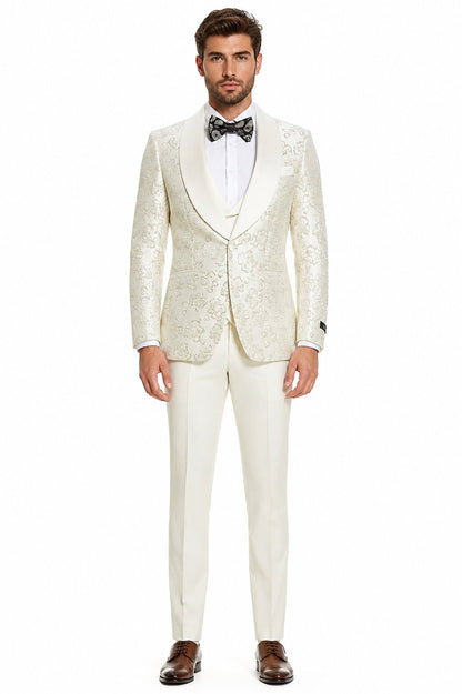 2026 Ivory Shiny Floral Mens 3pc Suit by Tazzio
