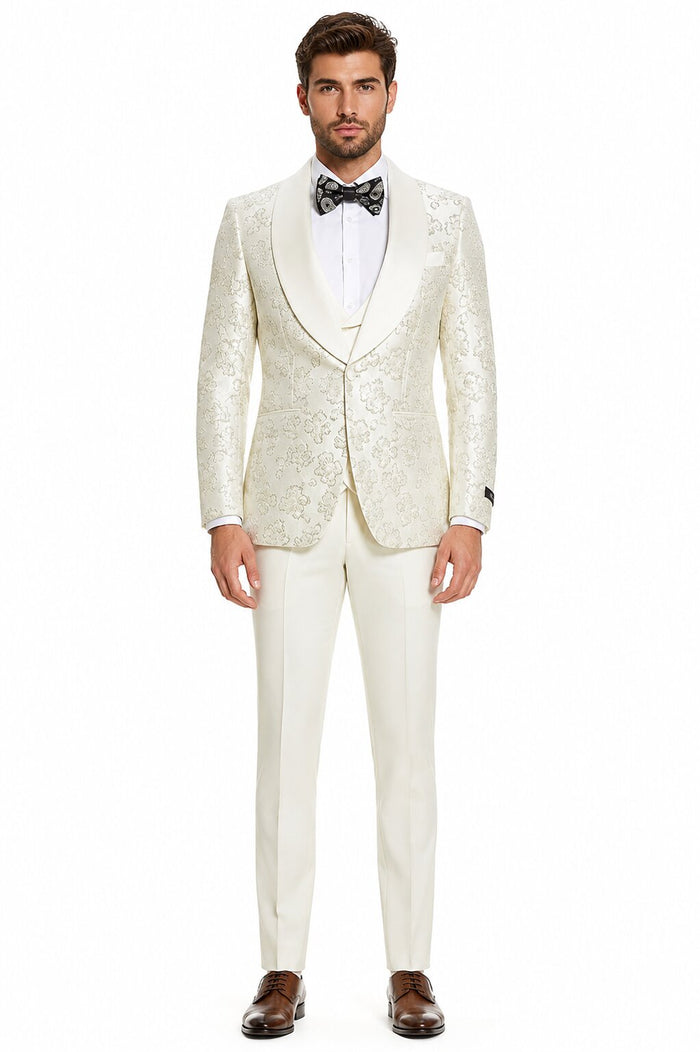 2026 Ivory Shiny Floral Mens 3pc Suit by Tazzio