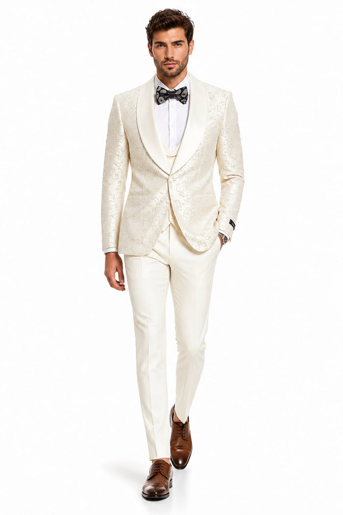 2026 Ivory Shiny Floral Mens 3pc Suit by Tazzio