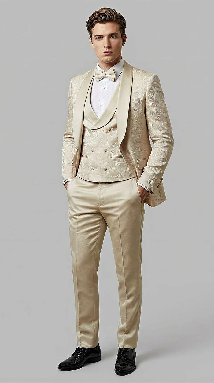 Men's Tan Floral Shawl Lapel Tuxedo Set for Wedding & Prom