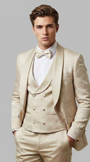 Men's Tan Floral Shawl Lapel Tuxedo Set for Wedding & Prom