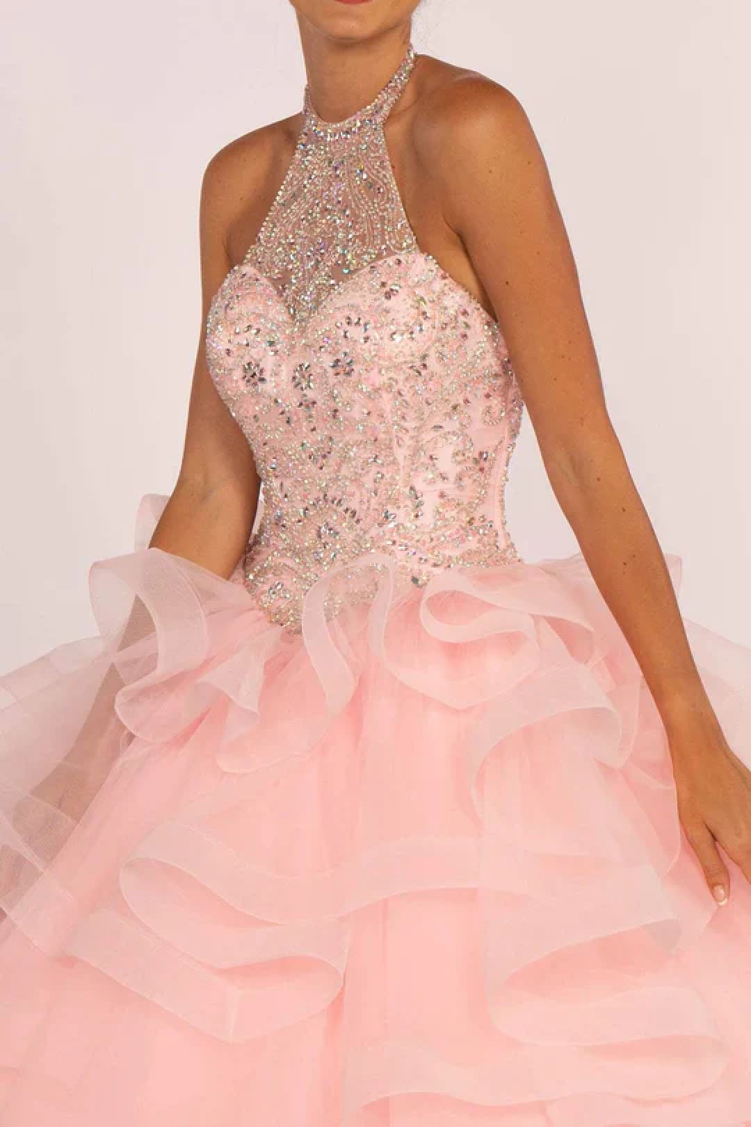 Jeweled Halter Ball Gown with Layered Skirt by Elizabeth K GL2512 - Quinceanera Dresses