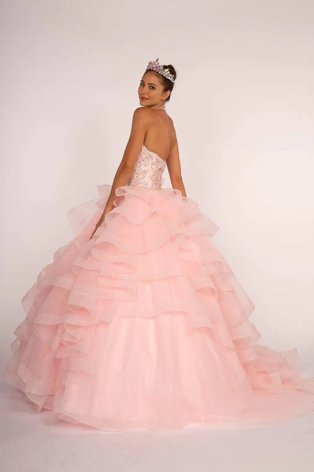 Jeweled Halter Ball Gown with Layered Skirt by Elizabeth K GL2512 - Quinceanera Dresses