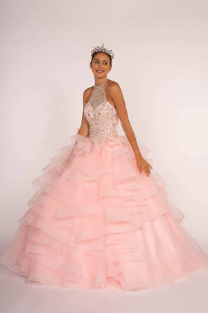Jeweled Halter Ball Gown with Layered Skirt by Elizabeth K GL2512 - M / Baby Pink - Quinceanera Dresses