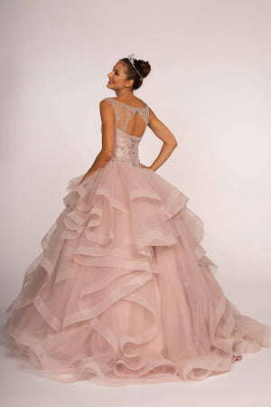 Jeweled Illusion Ball Gown with Layered Skirt by Elizabeth K GL2517 - Quinceanera Dresses