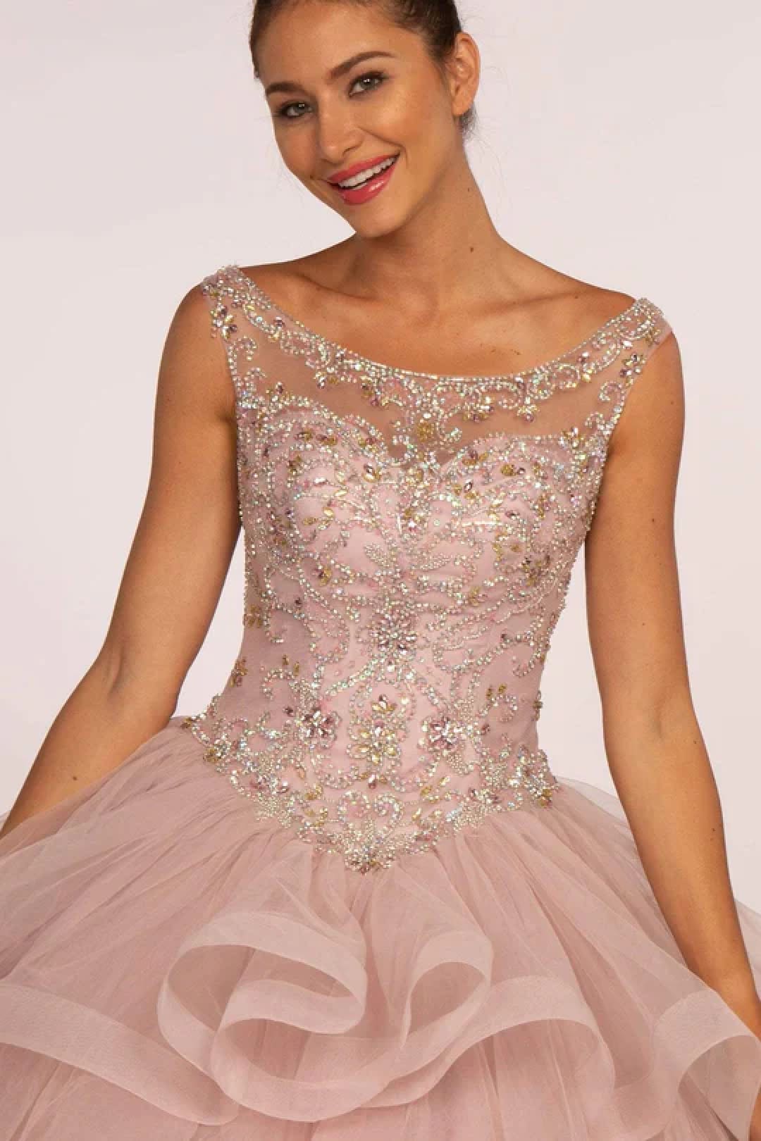 Jeweled Illusion Ball Gown with Layered Skirt by Elizabeth K GL2517 - Quinceanera Dresses