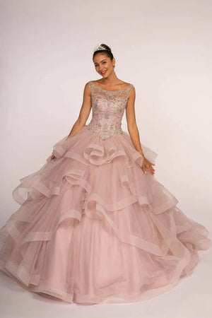 Jeweled Illusion Ball Gown with Layered Skirt by Elizabeth K GL2517 - 2XL / Mauve - Quinceanera Dresses