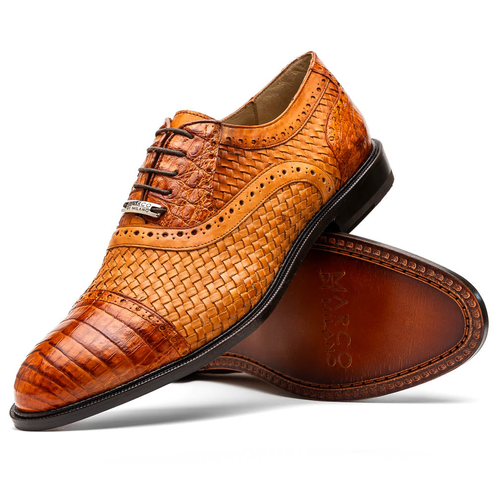 Marco Di Milano John Brandy Shoes Exotic Caiman Crocodile / Woven Leather Dress Oxfords