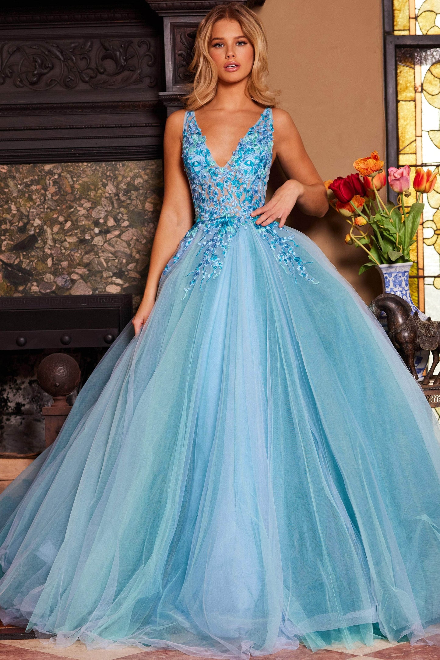 Jovani 23577 - Elegant Floral Lace V-Neck Ballgown - Prom