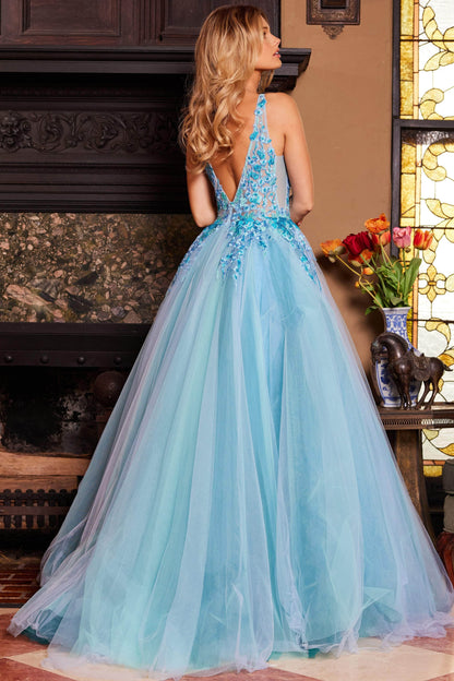 Jovani 23577 - Elegant Floral Lace V-Neck Ballgown - Prom