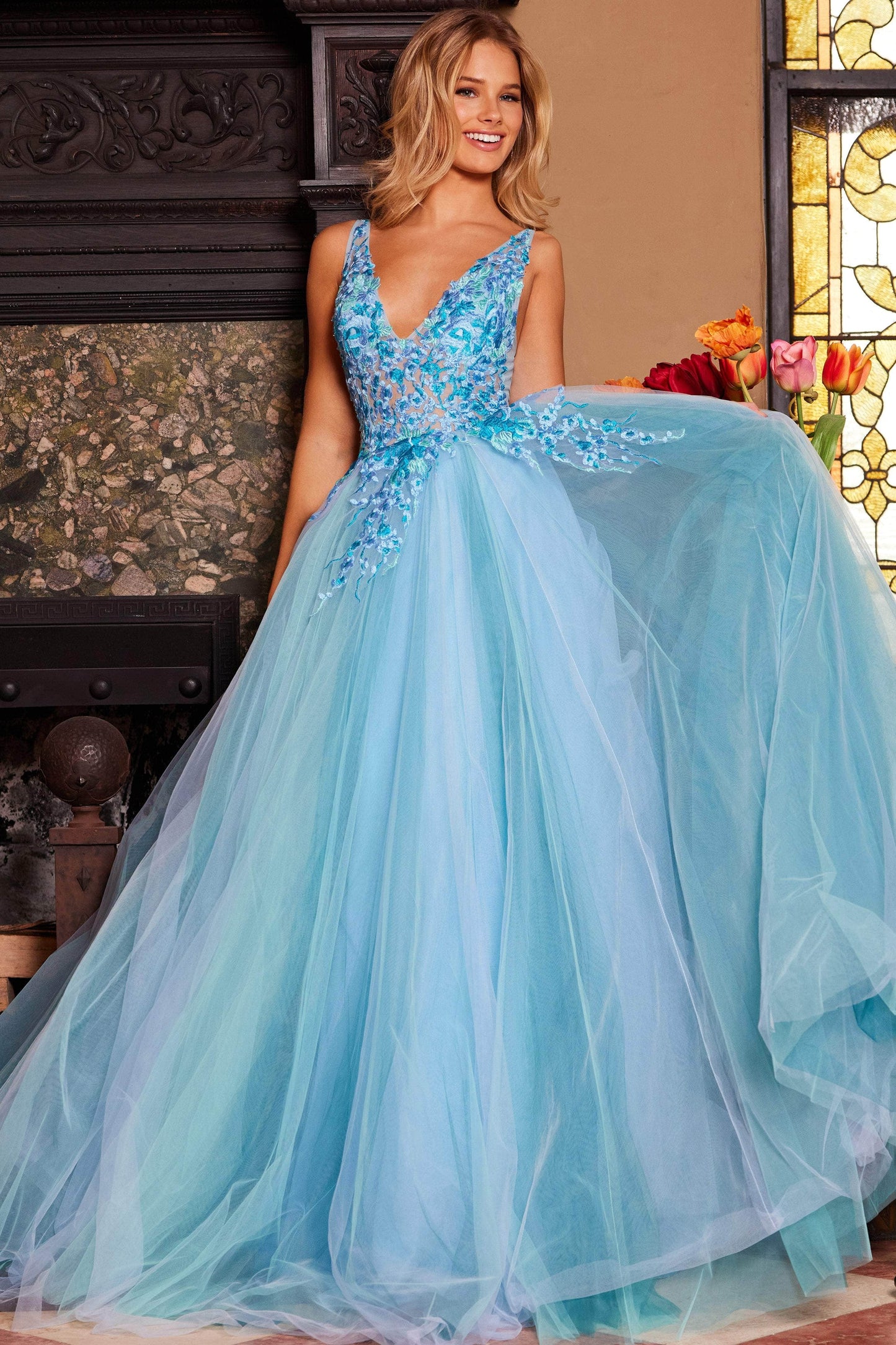 Jovani 23577 - Elegant Floral Lace V-Neck Ballgown - Prom
