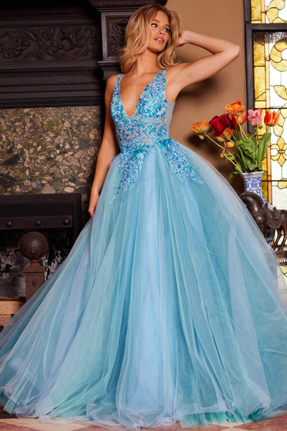 Jovani 23577 - Elegant Floral Lace V-Neck Ballgown - Prom