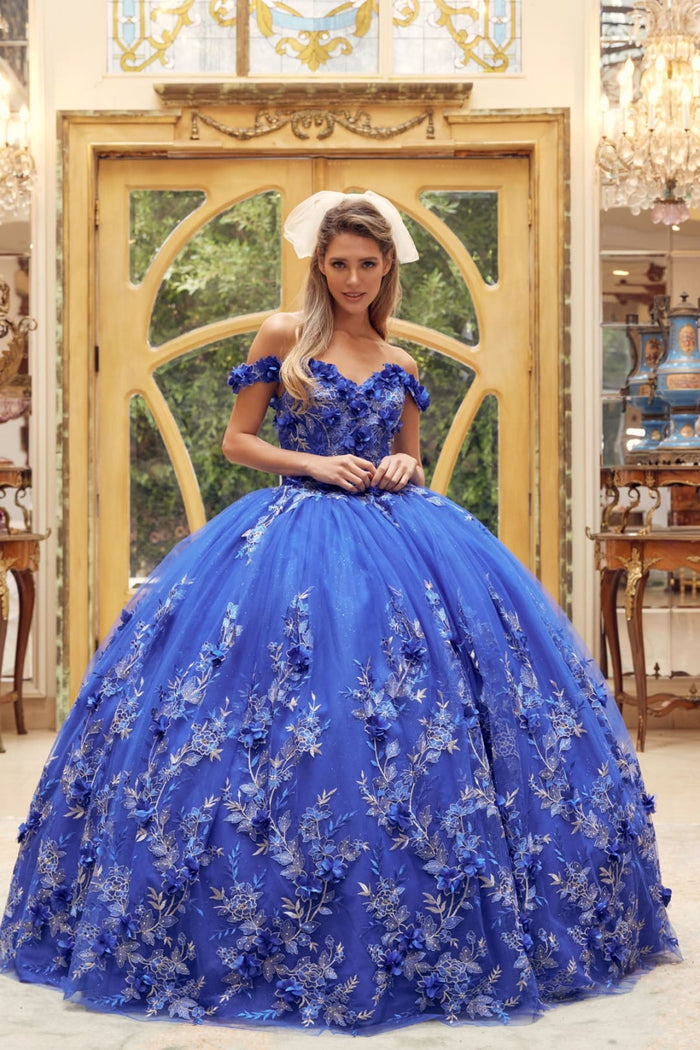 Juliet 1447 Off Shoulder 3D Floral Applique Sweet 16 Quince Ball Gown